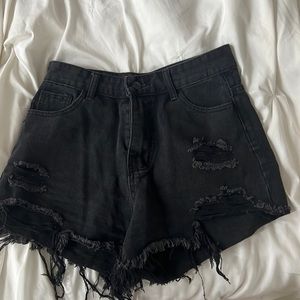 Distressed black denim shorts
